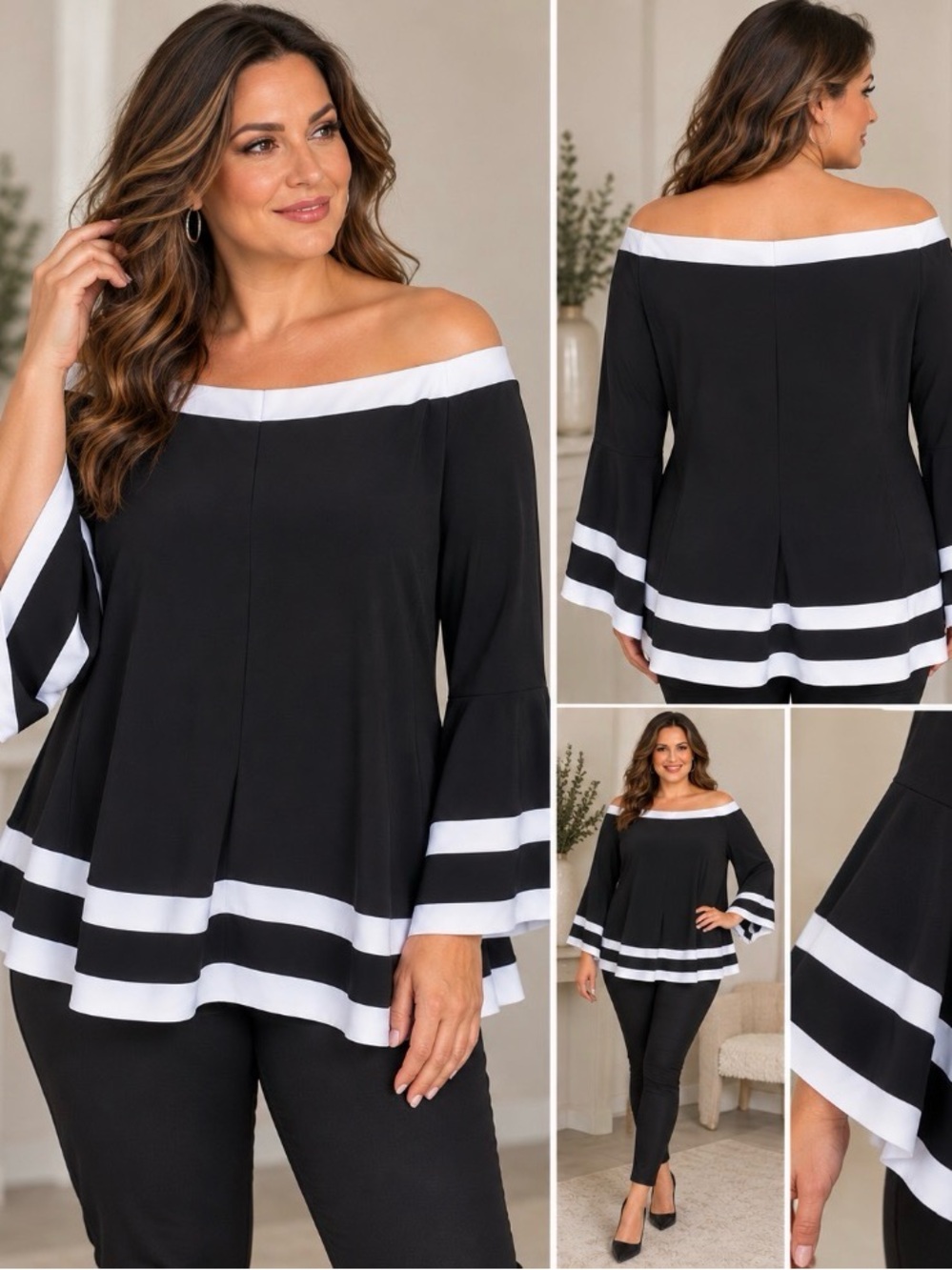 Frank Lyman Black White Off Shoulder Bell Sleeve Tunic Top Size 16
